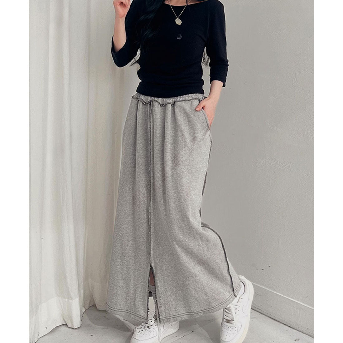リアルスタイル REAL STYLE ロングスカート 春 夏 ロング タイト スリット Iライン ライトスウェット ウエストゴム ストレッチ ボトムス ナロースカート カジュアル 韓国ファッション チンチャコリア （ブラック） ブラック