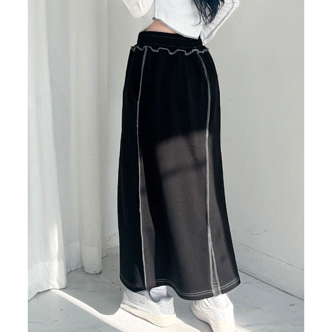 リアルスタイル REAL STYLE ロングスカート 春 夏 ロング タイト スリット Iライン ライトスウェット ウエストゴム ストレッチ ボトムス ナロースカート カジュアル 韓国ファッション チンチャコリア （ブラック） ブラック