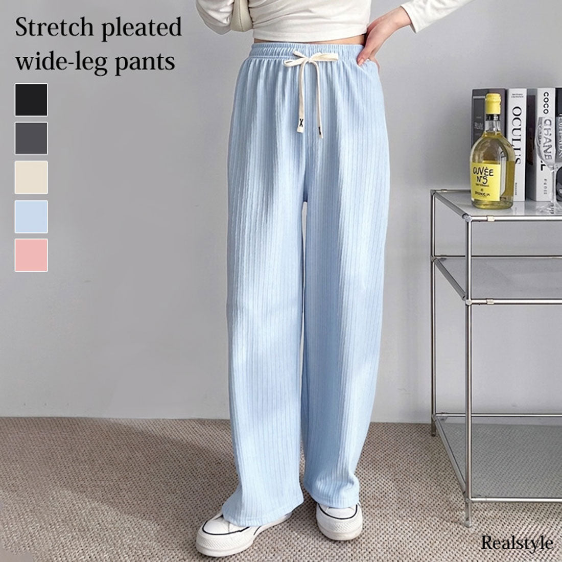 リアルスタイル REAL STYLE ワイドパンツ レディース 夏 春 秋 涼しい 楽ちん プリーツ リブ ボトムス ズボン ゆったり ウエストゴム ストレッチ 部屋着 カジュアル （チャコール） チャコール