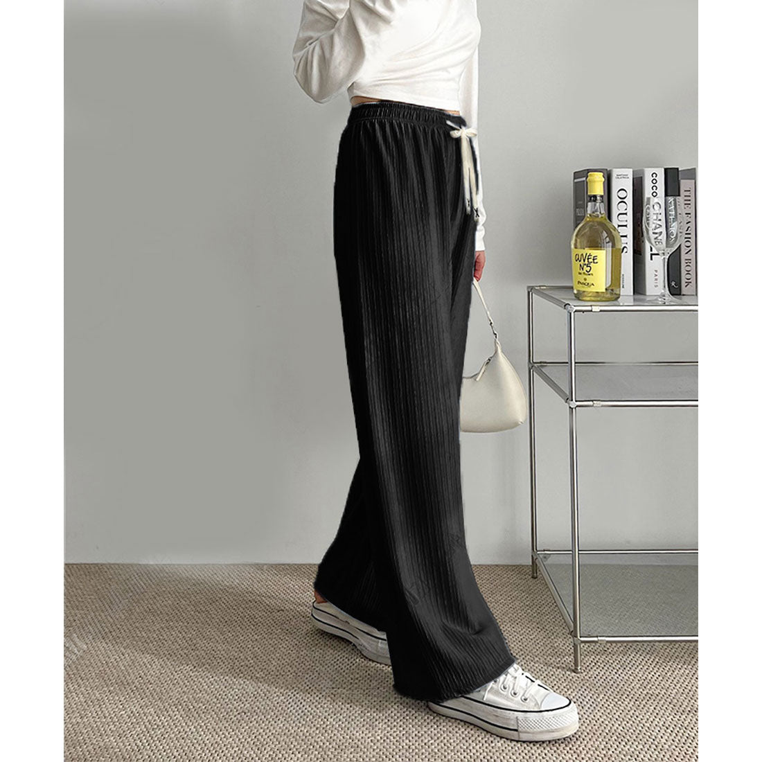 リアルスタイル REAL STYLE ワイドパンツ レディース 夏 春 秋 涼しい 楽ちん プリーツ リブ ボトムス ズボン ゆったり ウエストゴム ストレッチ 部屋着 カジュアル （チャコール） チャコール