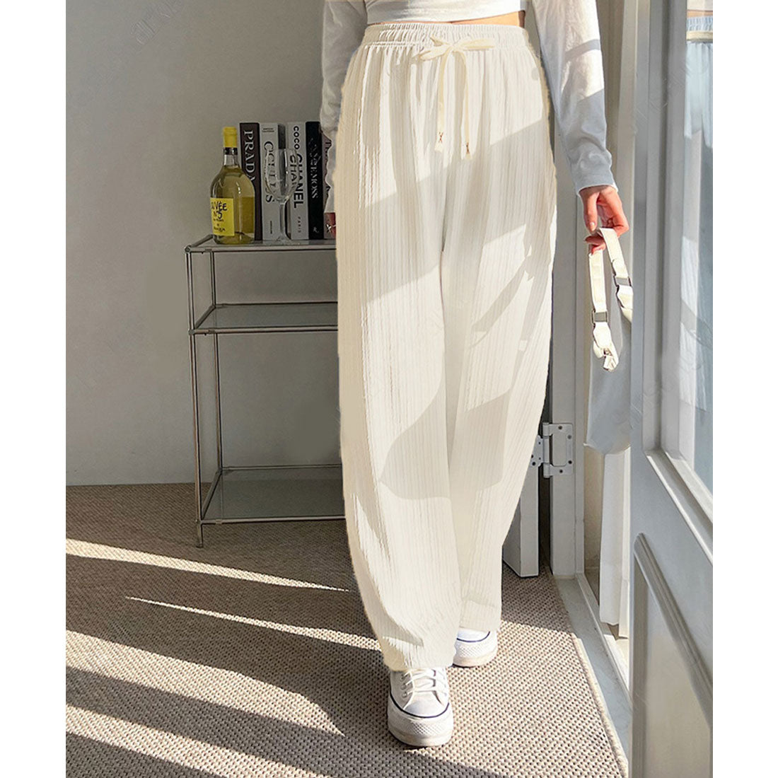 リアルスタイル REAL STYLE ワイドパンツ レディース 夏 春 秋 涼しい 楽ちん プリーツ リブ ボトムス ズボン ゆったり ウエストゴム ストレッチ 部屋着 カジュアル （チャコール） チャコール