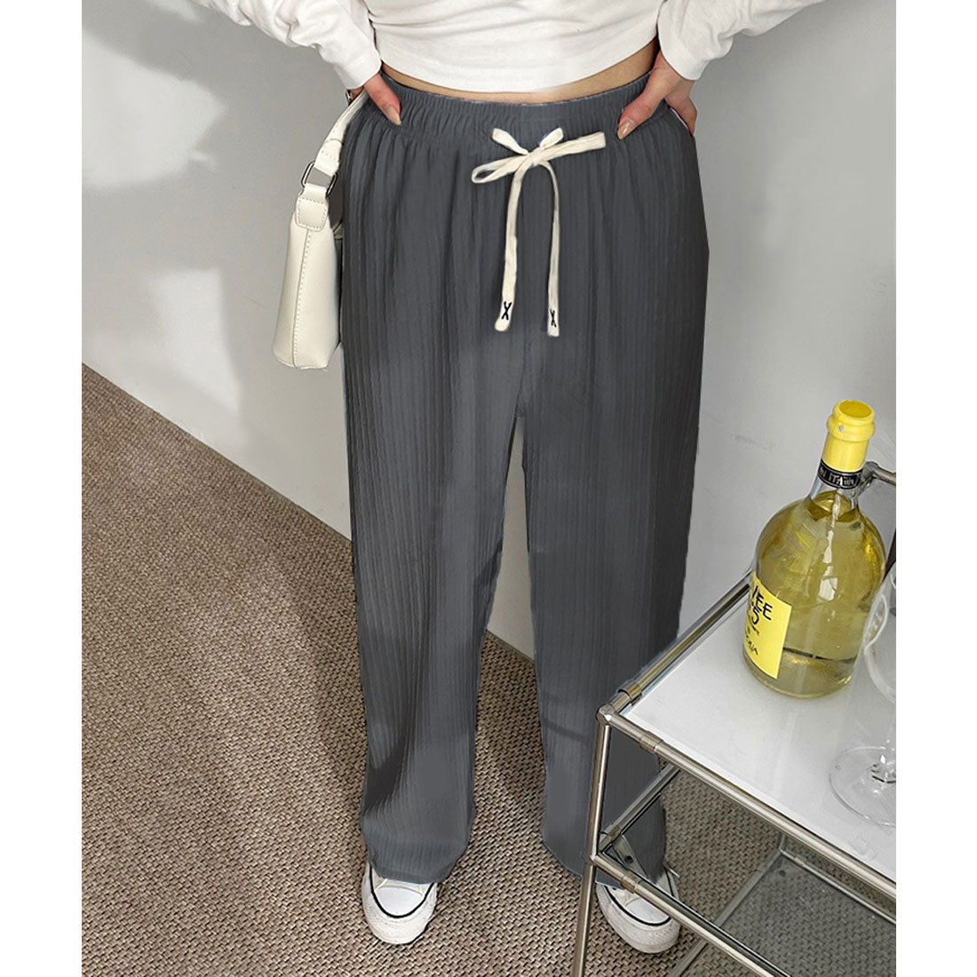 リアルスタイル REAL STYLE ワイドパンツ レディース 夏 春 秋 涼しい 楽ちん プリーツ リブ ボトムス ズボン ゆったり ウエストゴム ストレッチ 部屋着 カジュアル （チャコール） チャコール