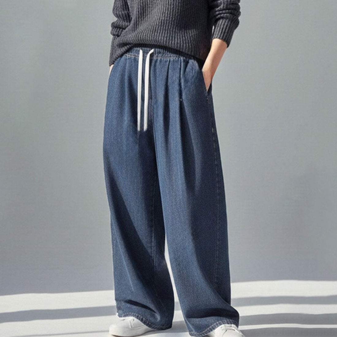 リアルスタイル REAL STYLE デニムパンツ レディース ワイド ウエストゴム ストレッチ 薄手 ボトムス ジーンズ ジーパン ズボン ゆったり 大きめ ポケット おしゃれ （ブルー） ブルー