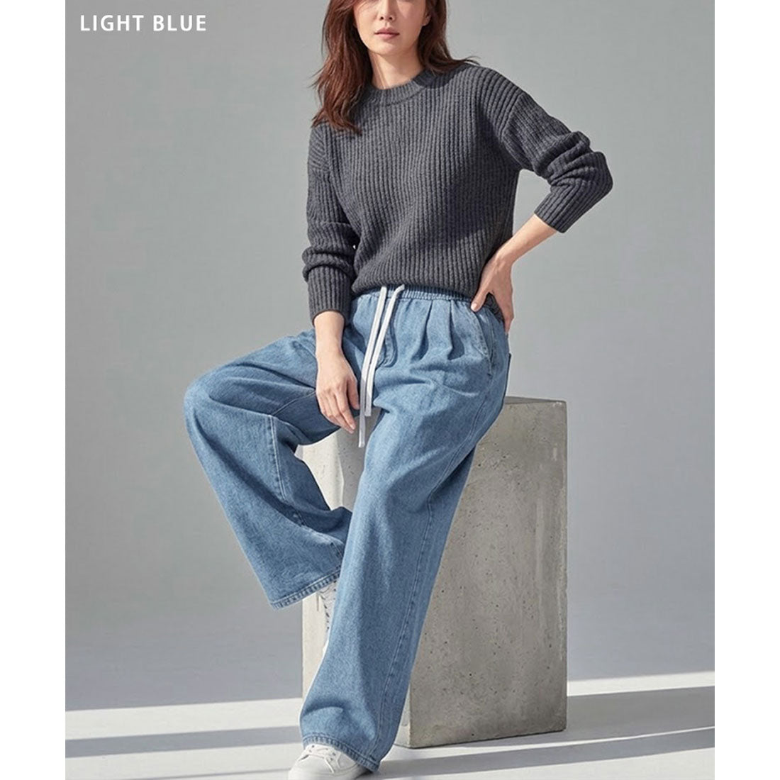 リアルスタイル REAL STYLE デニムパンツ レディース ワイド ウエストゴム ストレッチ 薄手 ボトムス ジーンズ ジーパン ズボン ゆったり 大きめ ポケット おしゃれ （ブルー） ブルー