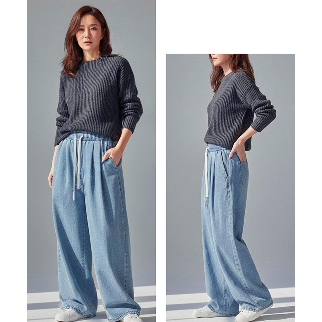 リアルスタイル REAL STYLE デニムパンツ レディース ワイド ウエストゴム ストレッチ 薄手 ボトムス ジーンズ ジーパン ズボン ゆったり 大きめ ポケット おしゃれ （ブルー） ブルー