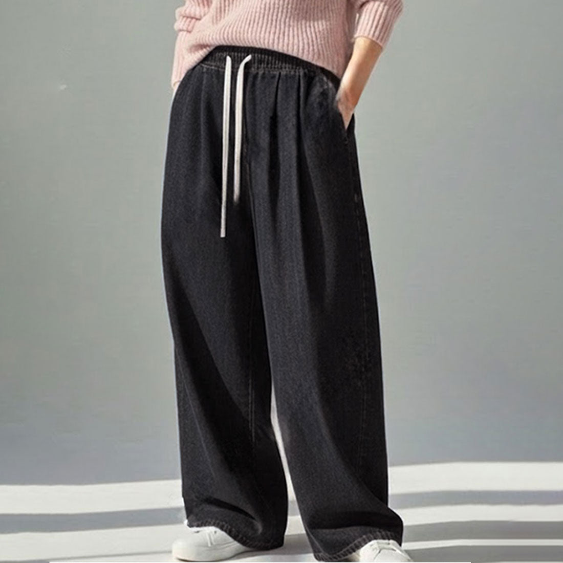 リアルスタイル REAL STYLE デニムパンツ レディース ワイド ウエストゴム ストレッチ 薄手 ボトムス ジーンズ ジーパン ズボン ゆったり 大きめ ポケット おしゃれ （ブラック） ブラック