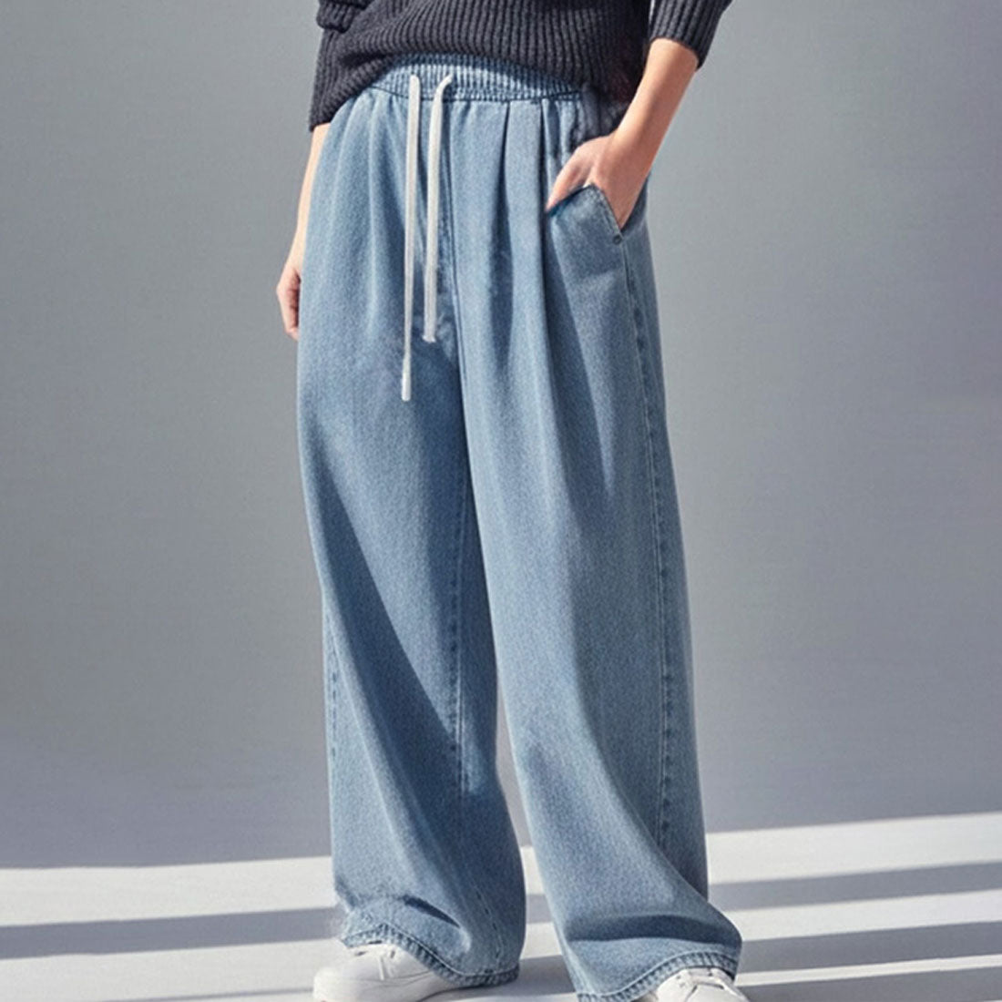 リアルスタイル REAL STYLE デニムパンツ レディース ワイド ウエストゴム ストレッチ 薄手 ボトムス ジーンズ ジーパン ズボン ゆったり 大きめ ポケット おしゃれ （ライトブルー） ライトブルー