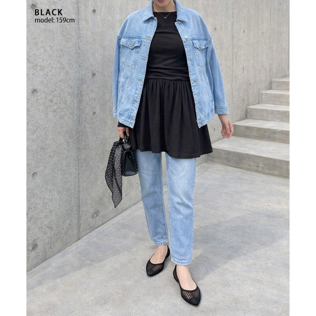 リアルスタイル REAL STYLE ワンピース レディース 春 長袖 厚手 裾フリル フレア 重ね着 膝丈 膝下 カジュアル きれいめ トップス チュニック ヘビーウェイト カットソー レイヤード インナー ペプラム （ブラック） ブラック