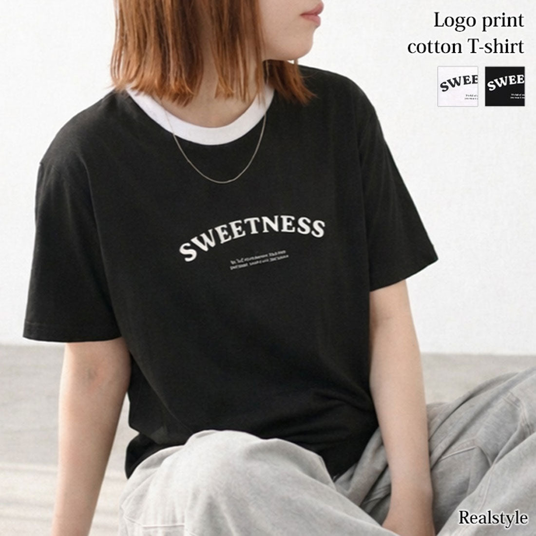 リアルスタイル REAL STYLE Tシャツ カットソー レディース 半袖 フレンチスリーブ 薄手 春 夏 コットン 綿 ロゴ トップス インナー 白 黒 定番 丸首 シンプル 韓国ファッション チンチャコリア （ホワイト） ホワイト