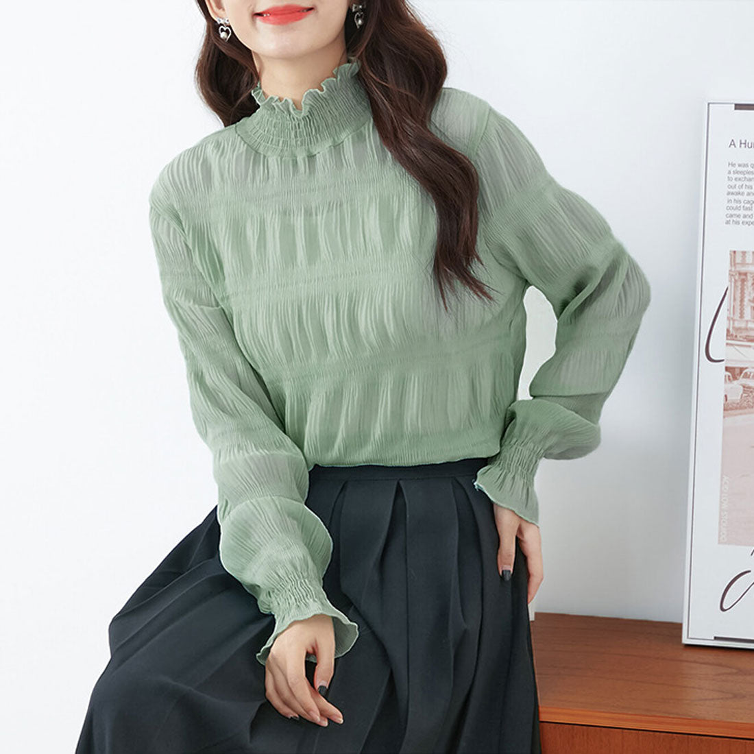 リアルスタイル REAL STYLE シアー ハイネック ブラウス 長袖 カットソー レイヤード UVケア 紫外線対策 可愛い セカンドスキン