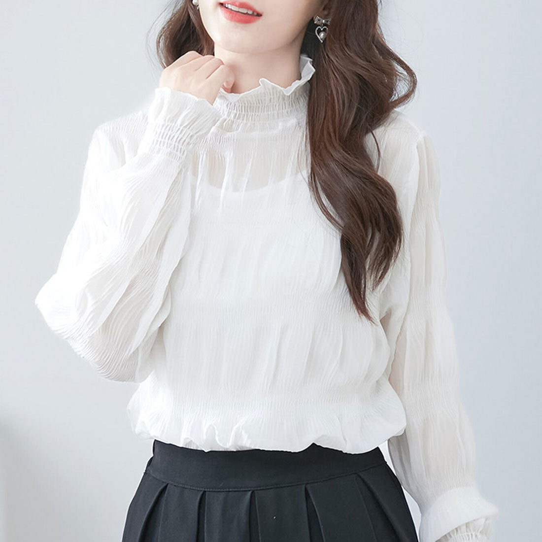 REAL STYLE Sheer High Neck Blouse Long Sleeve Cut and Sew Layered UV Care UV Protection Cute Second Skin