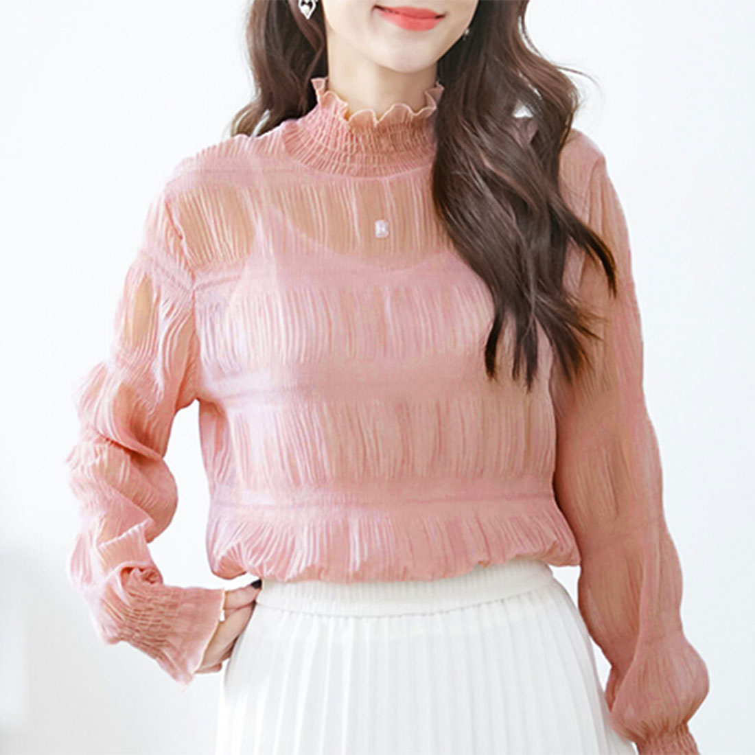 REAL STYLE Sheer High Neck Blouse Long Sleeve Cut and Sew Layered UV Care UV Protection Cute Second Skin