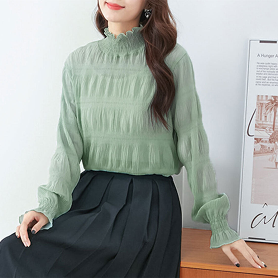 REAL STYLE Sheer High Neck Blouse Long Sleeve Cut and Sew Layered UV Care UV Protection Cute Second Skin