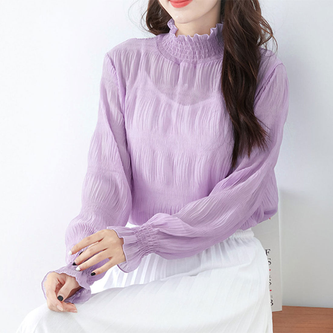 REAL STYLE Sheer High Neck Blouse Long Sleeve Cut and Sew Layered UV Care UV Protection Cute Second Skin