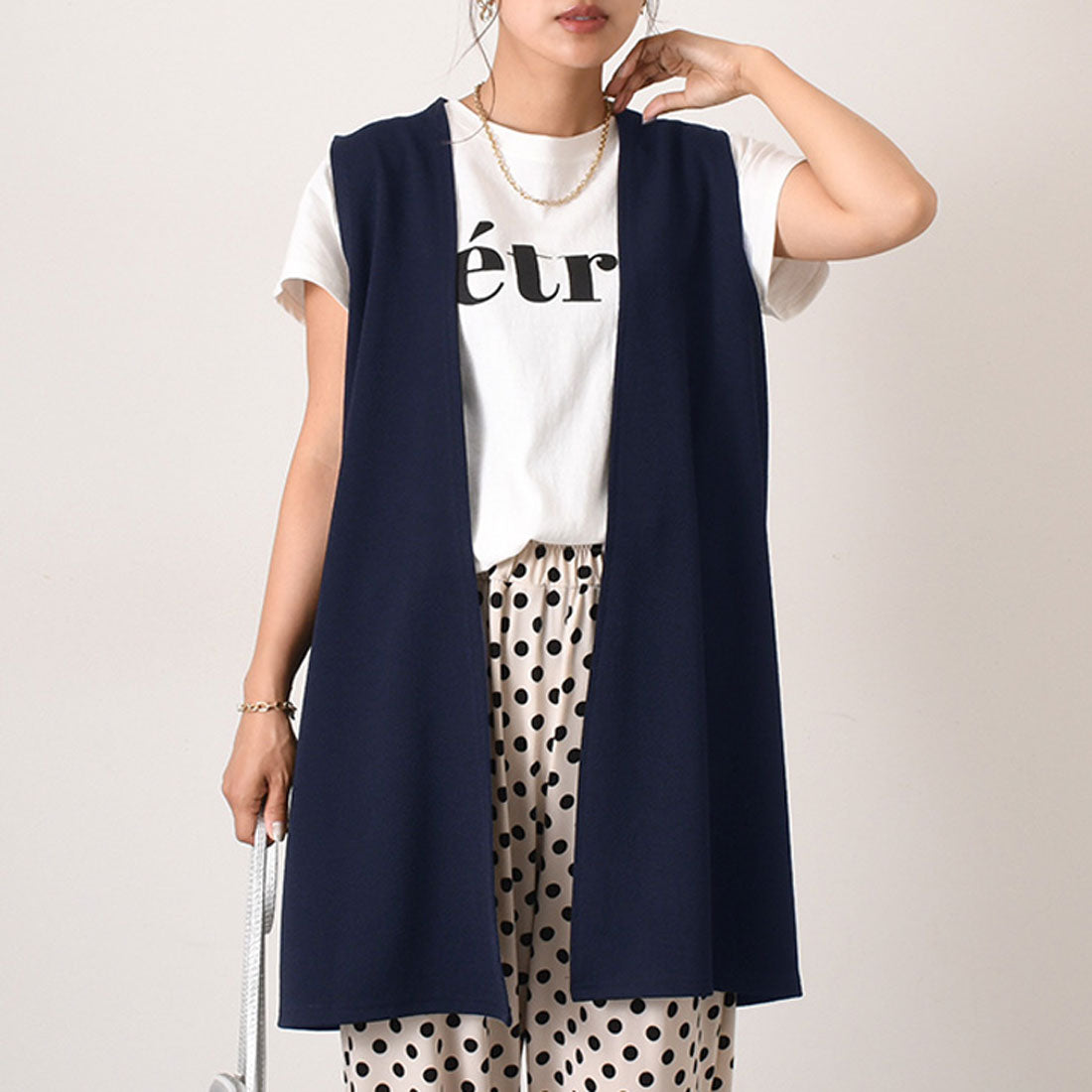 リアルスタイル REAL STYLE ジレ レディース ロング 薄手 ミディアム カーディガン  エンボス 速乾 軽い ベスト 羽織り 50代 トップス,ネイビーミディアム丈