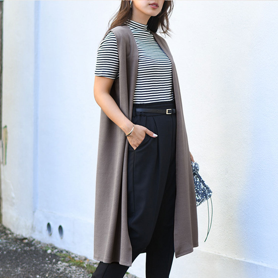 リアルスタイル REAL STYLE ジレ レディース ロング 薄手 ミディアム カーディガン  エンボス 速乾 軽い ベスト 羽織り 50代 トップス