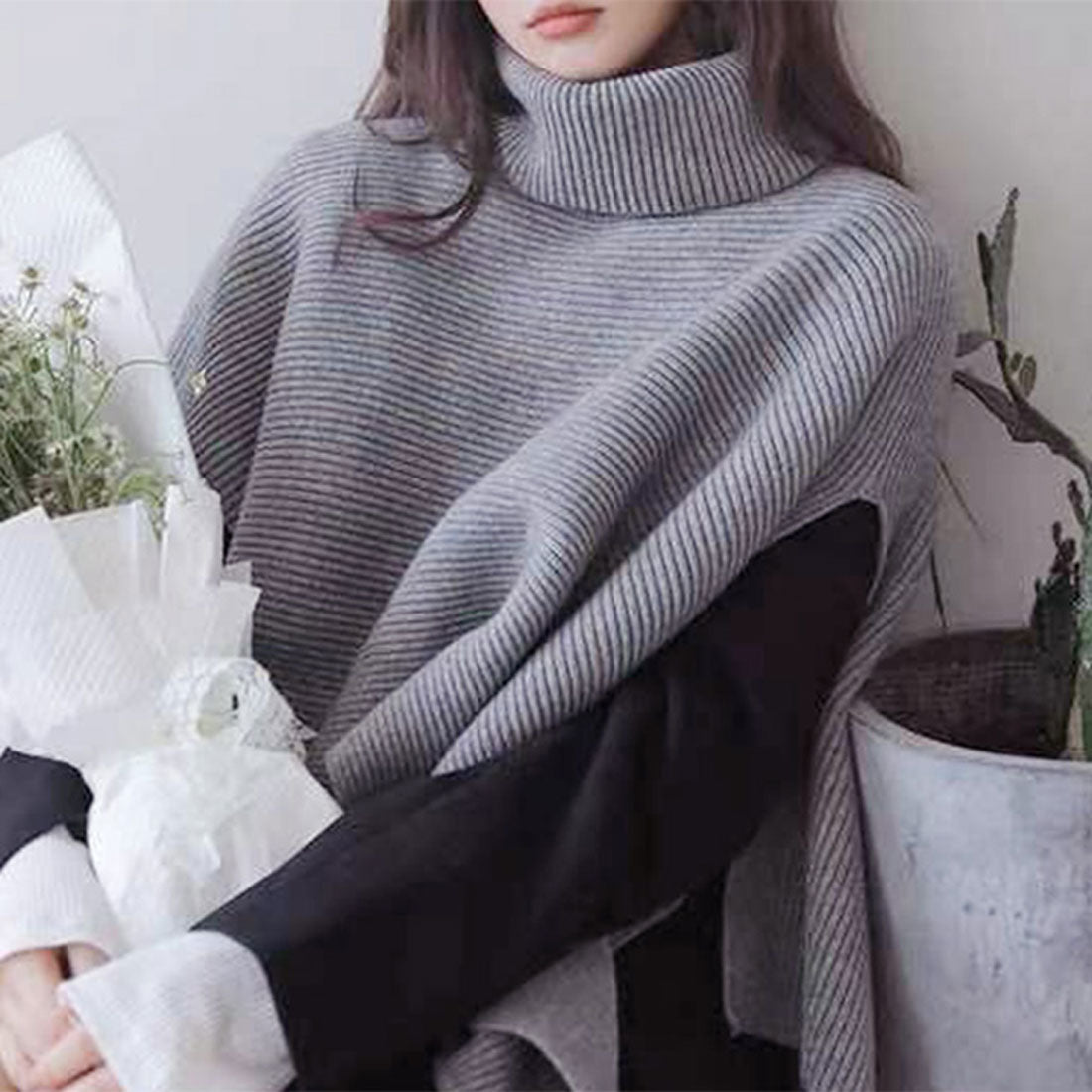 リアルスタイル REAL STYLE ケープ リブニット タートル ハイネック ポンチョ レイヤード 重ね着 暖かい あったか トップス マフラー おしゃれ かわいい ショール