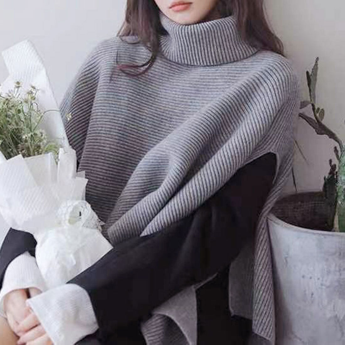 真實的真實風格的真實風格的Rive Knit Turtle High Knding Poncho分層溫暖上衣消聲器時尚的可愛表演