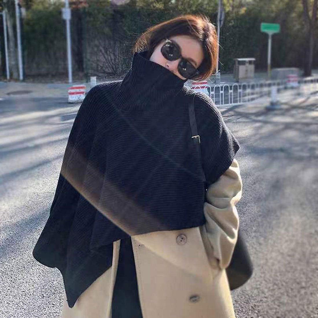 真實的真實風格的真實風格的Rive Knit Turtle High Knding Poncho分層溫暖上衣消聲器時尚的可愛表演