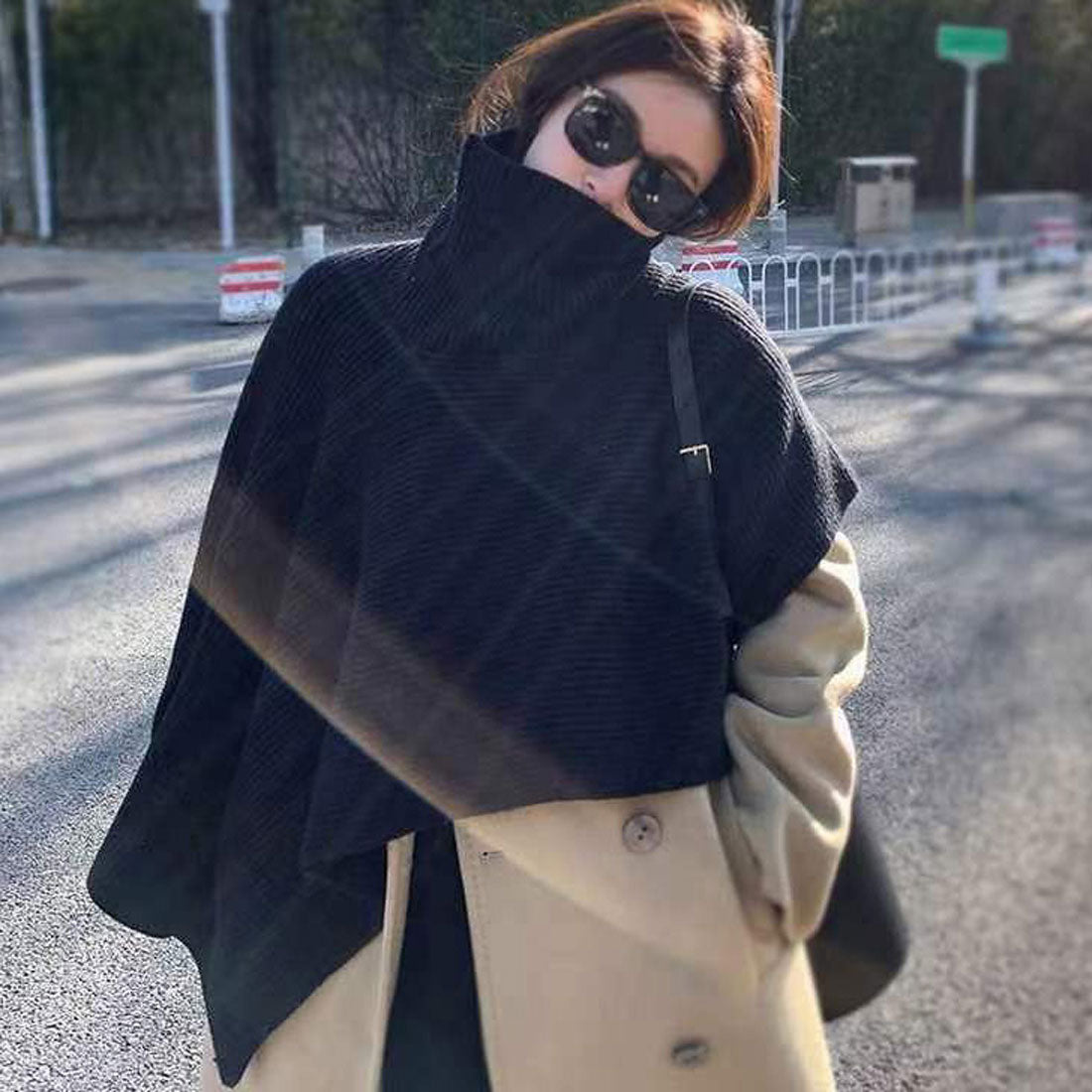 真實的真實風格的真實風格的Rive Knit Turtle High Knding Poncho分層溫暖上衣消聲器時尚的可愛表演