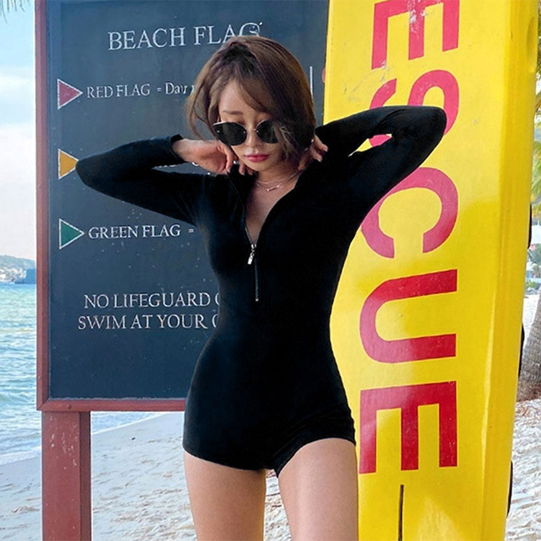 リアルスタイル REAL STYLE 水着 レディース 旅行 体型カバー 露出控えめ 長袖 30代 40代 パッド付き オールインワン 夏 プール 海 日焼け防止 沖縄 海外【返品不可商品】