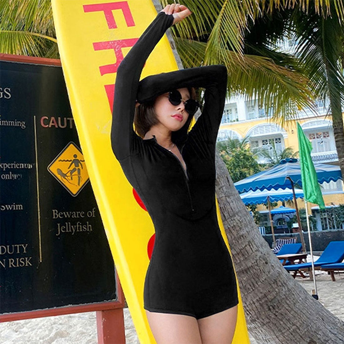 リアルスタイル REAL STYLE 水着 レディース 旅行 体型カバー 露出控えめ 長袖 30代 40代 パッド付き オールインワン 夏 プール 海 日焼け防止 沖縄 海外【返品不可商品】