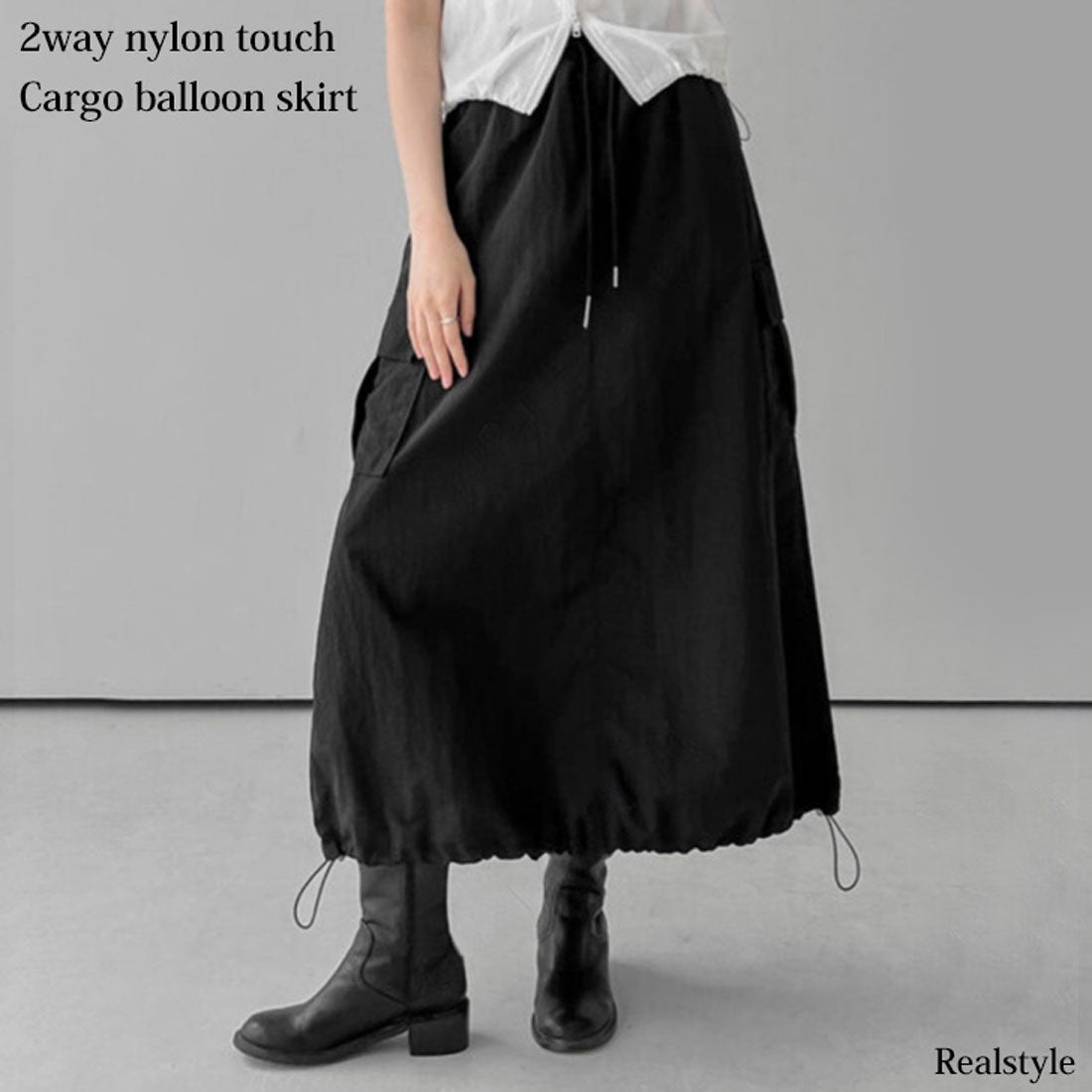 リアルスタイル REAL STYLE スカート レディース カーゴ ロング マキシ 夏 秋 ゆったり ウエストゴム シンプル 可愛い おしゃれ アウトドア ナイロン風 バルーン 韓国ファッション チンチャコリア （ブラック） ブラック