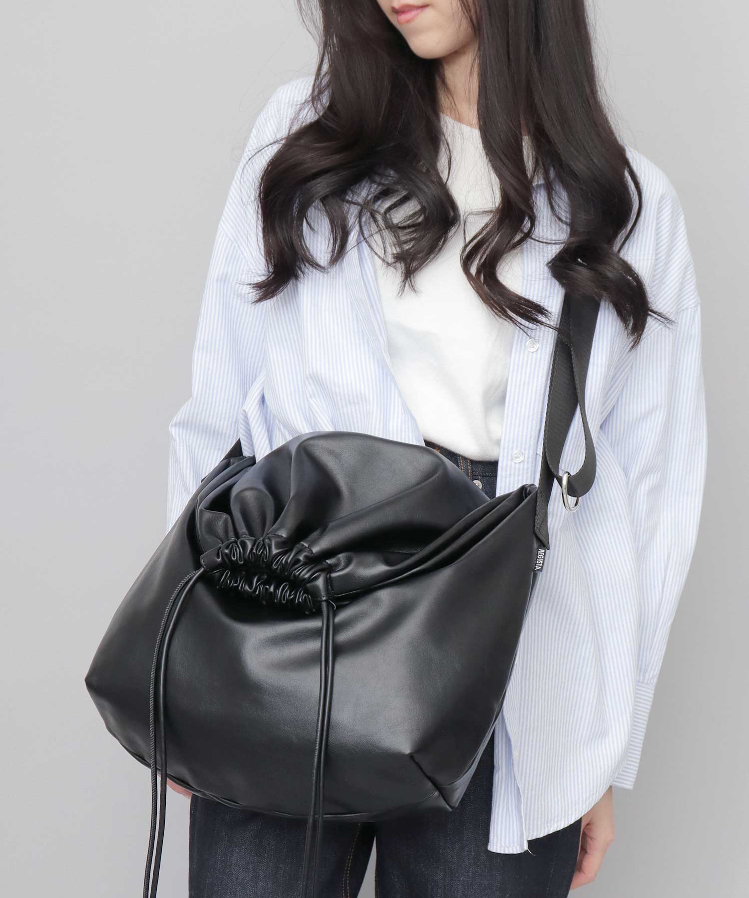 REGiSTA Drawstring Bag Shoulder Bag Synthetic Leather Plain Black