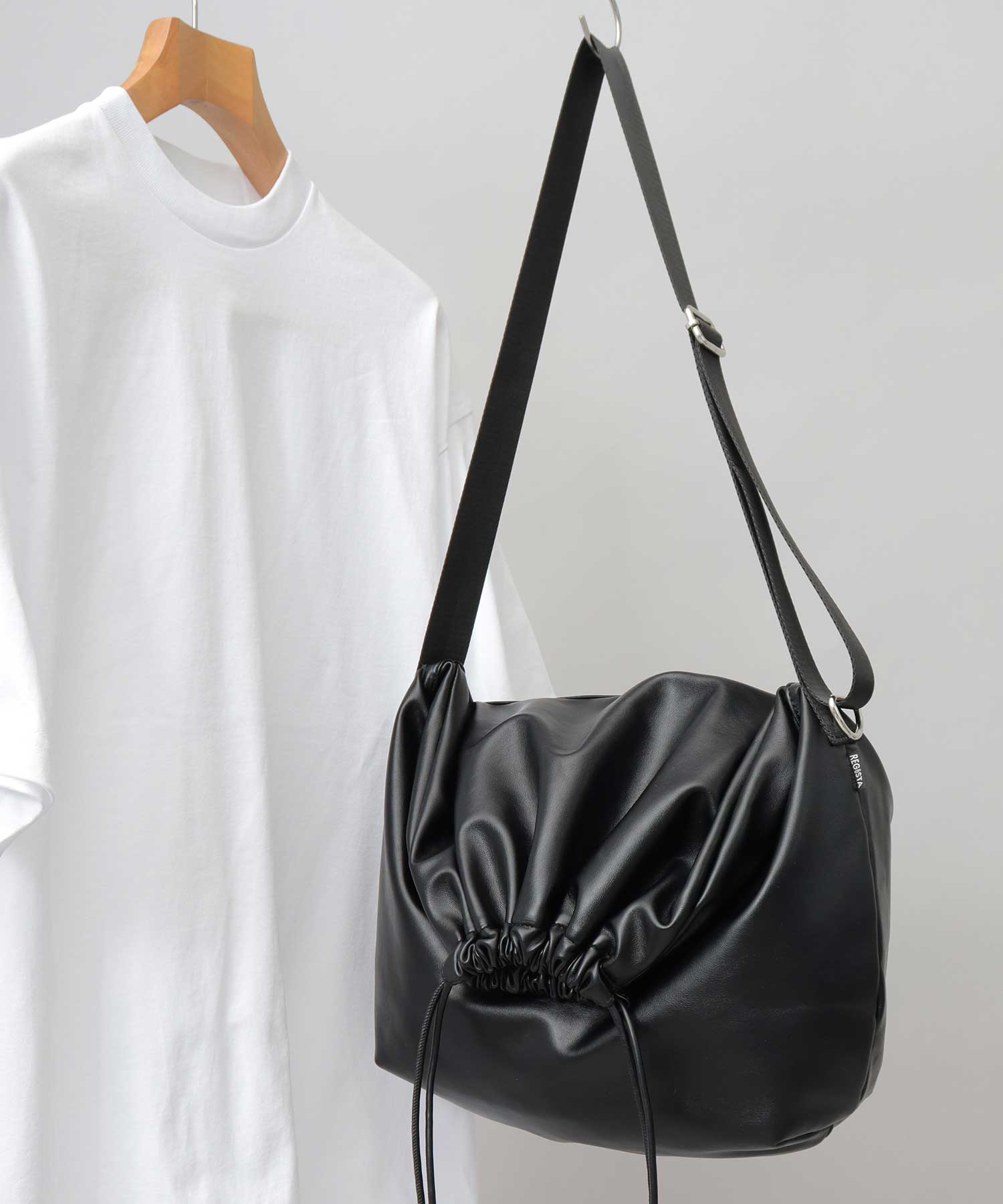 REGiSTA Drawstring Bag Shoulder Bag Synthetic Leather Plain Black