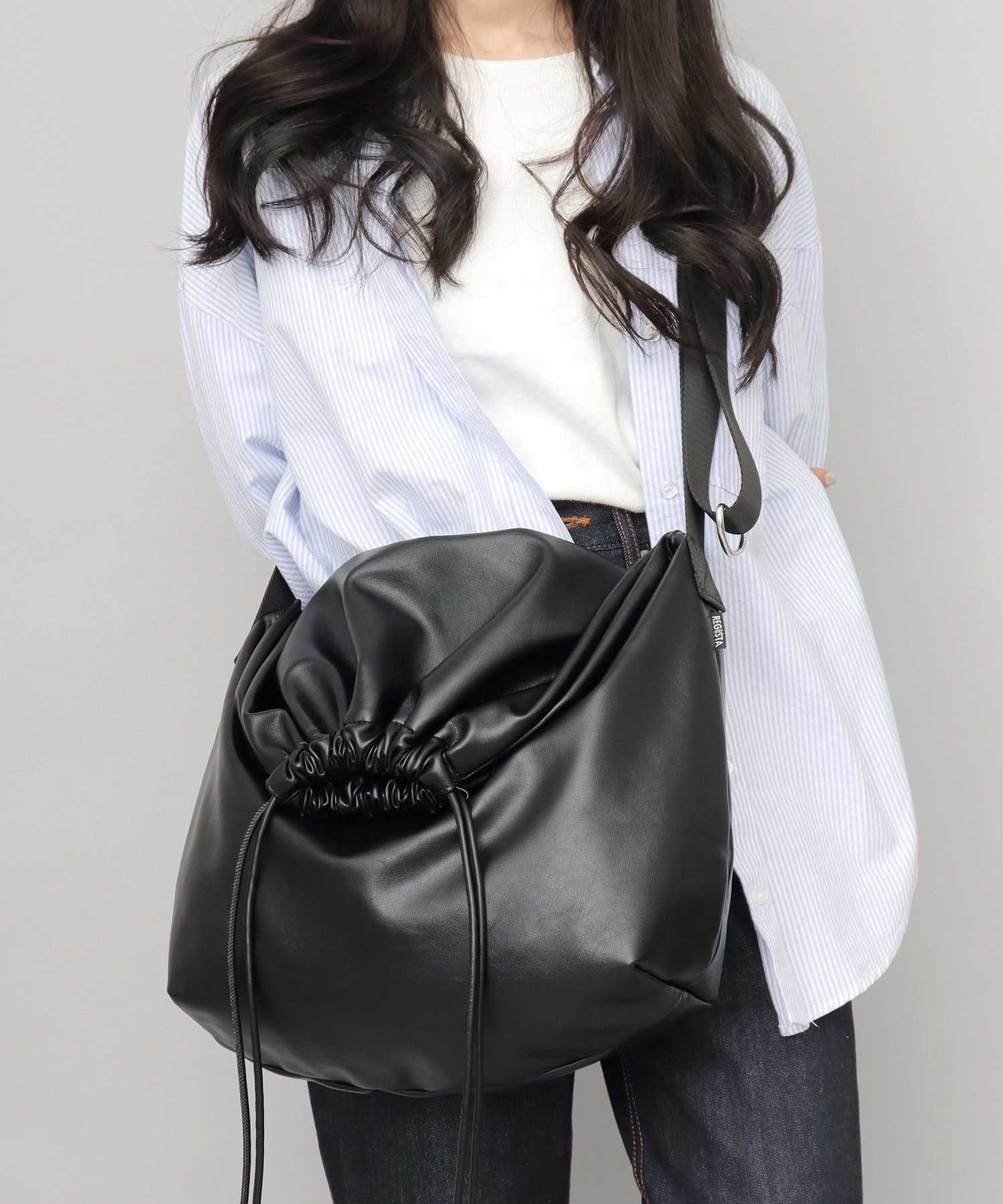 REGiSTA Drawstring Bag Shoulder Bag Synthetic Leather Plain Black