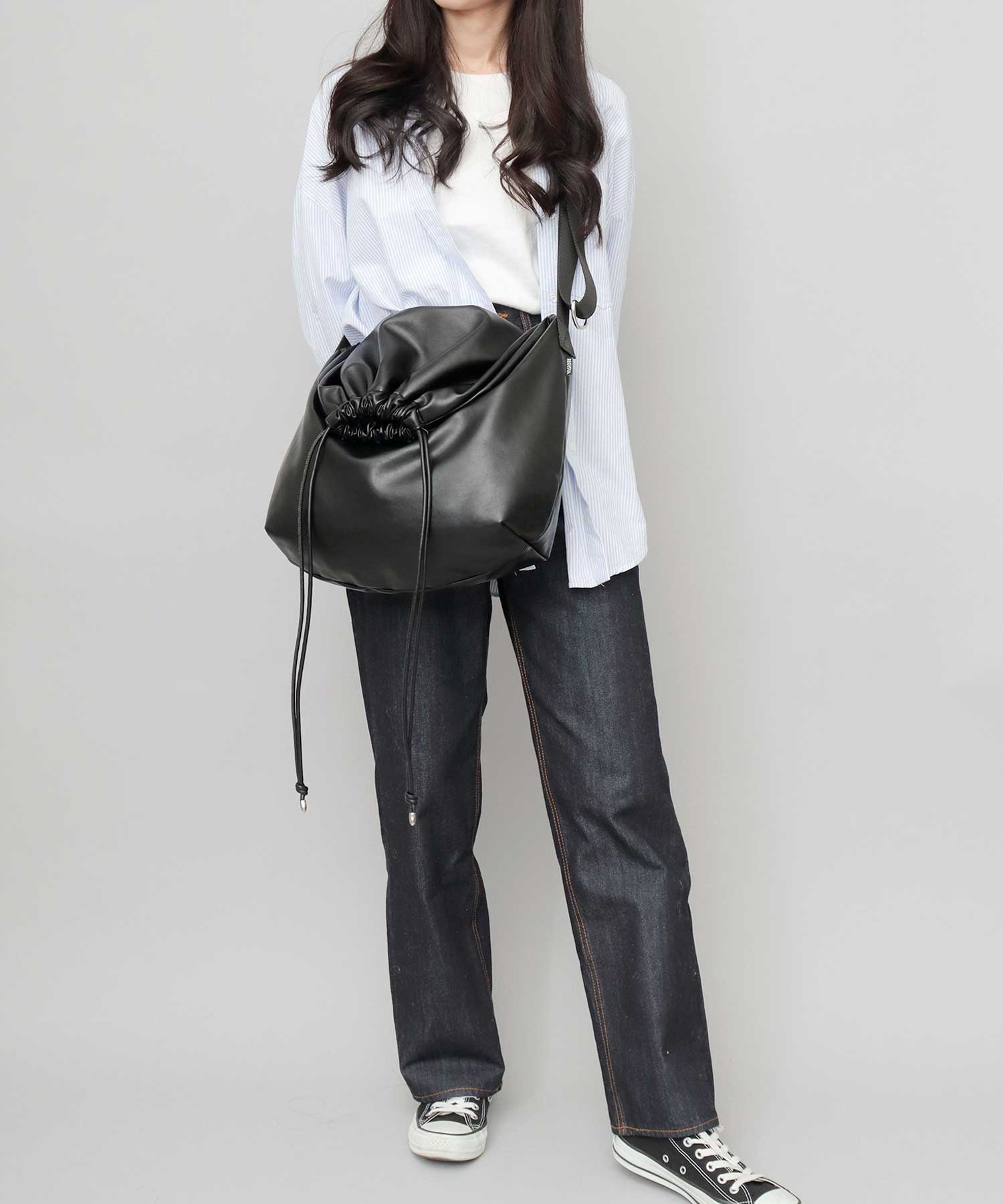 REGiSTA Drawstring Bag Shoulder Bag Synthetic Leather Plain Black