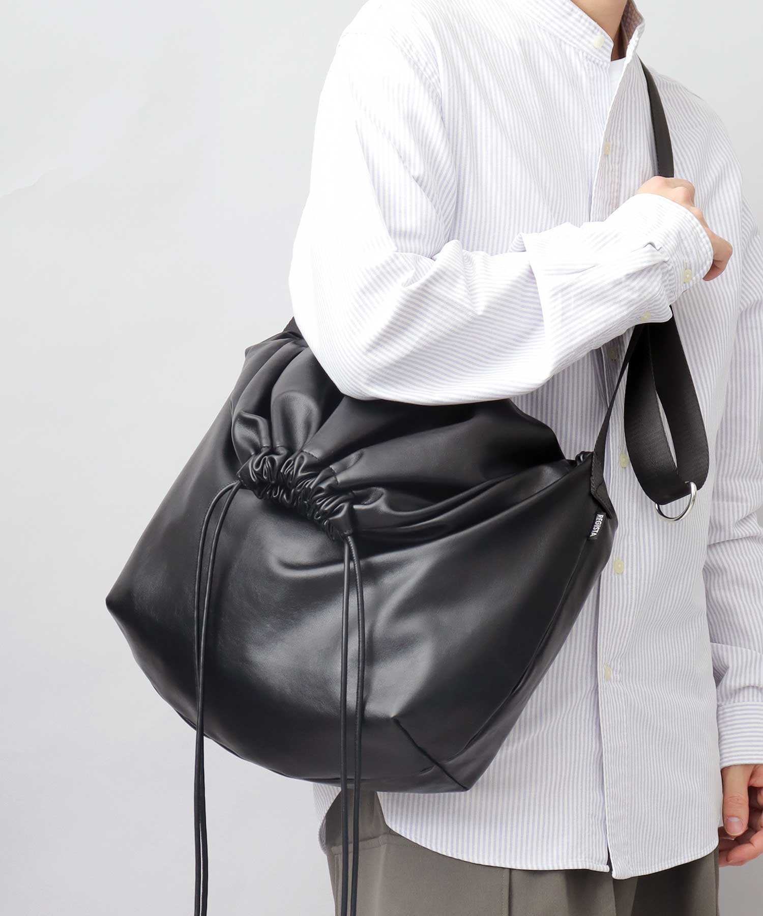 REGiSTA Drawstring Bag Shoulder Bag Synthetic Leather Plain Black