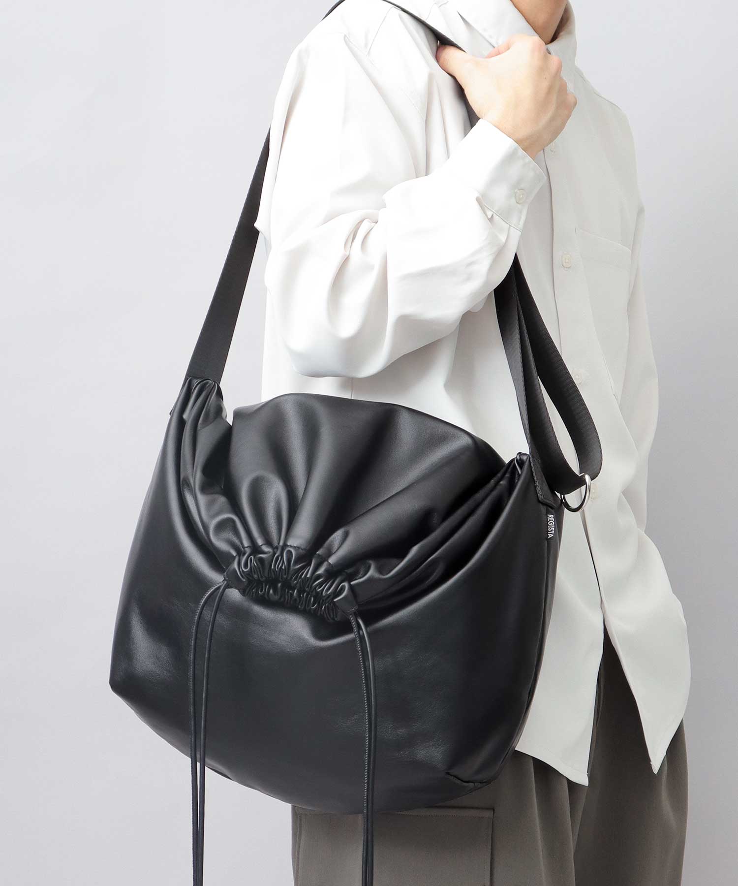 REGiSTA Drawstring Bag Shoulder Bag Synthetic Leather Plain Black