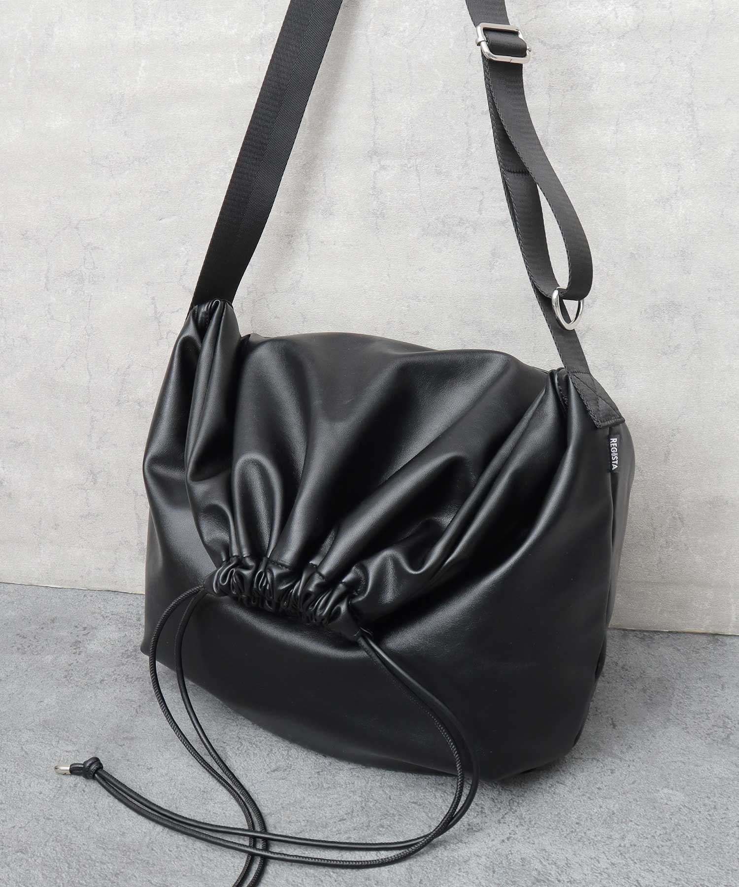 REGiSTA Drawstring Bag Shoulder Bag Synthetic Leather Plain Black
