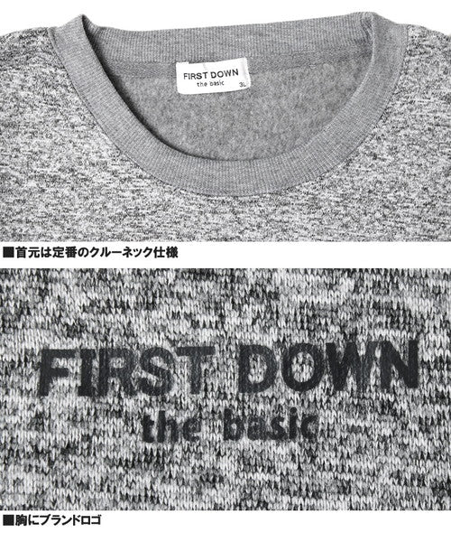 One Colors FIRST DOWN Knit Fleece Sweat Men's Large Size Brushed Back Logo Print Crew Neck Trainer Tops Sweat
