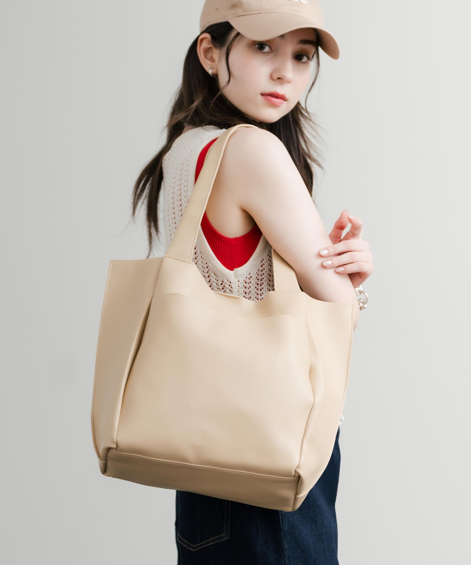 ロッキーモンロー Rocky Monroe トートバッグ 肩掛け ポーチ メンズ レディース フェイクレザー PU 合成皮革 ショルダー 手提げ サブ 鞄 A4収納 モード シンプル 14772 （ベージュ） ベージュ