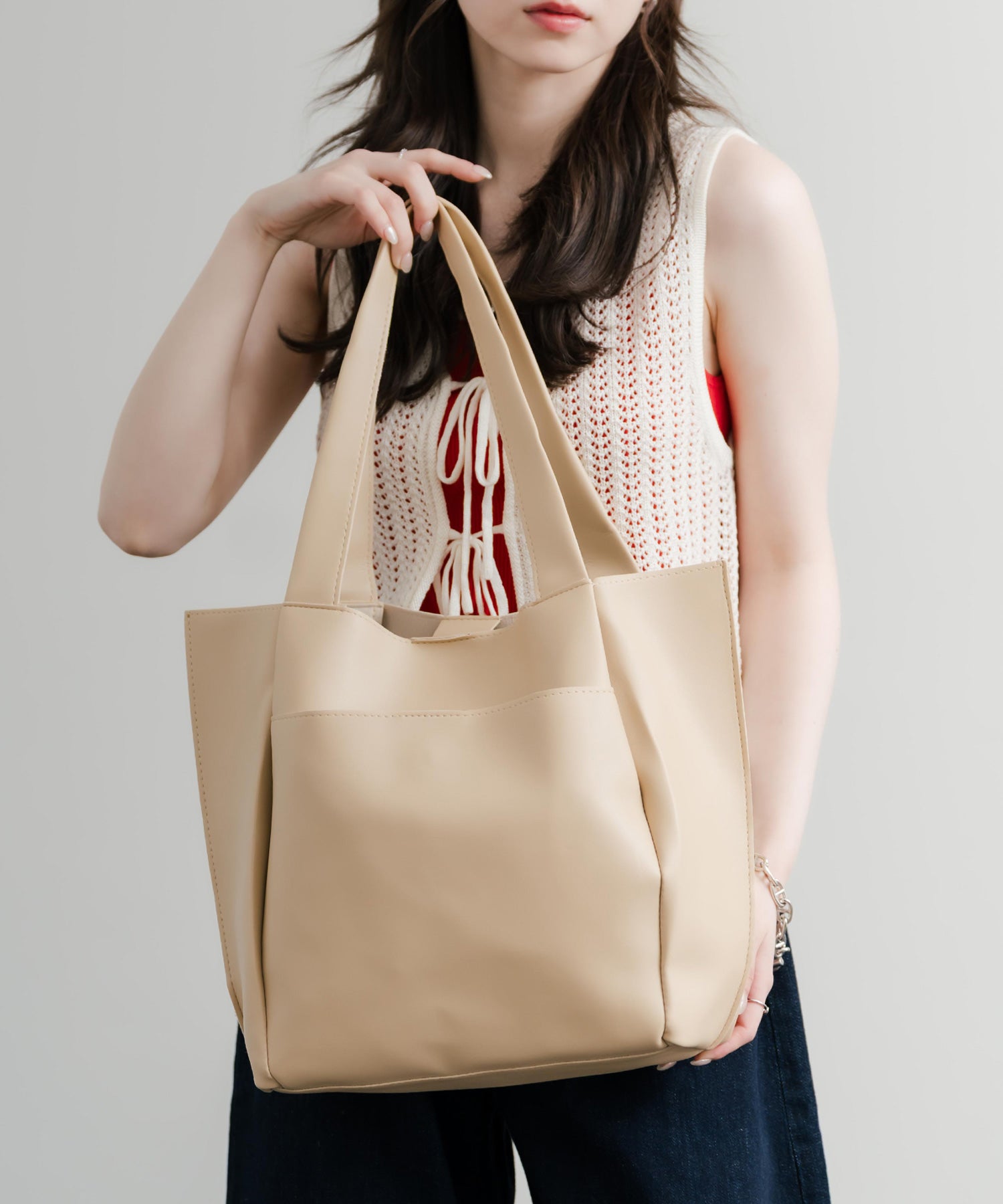 ロッキーモンロー Rocky Monroe トートバッグ 肩掛け ポーチ メンズ レディース フェイクレザー PU 合成皮革 ショルダー 手提げ サブ 鞄 A4収納 モード シンプル 14772 （ベージュ） ベージュ