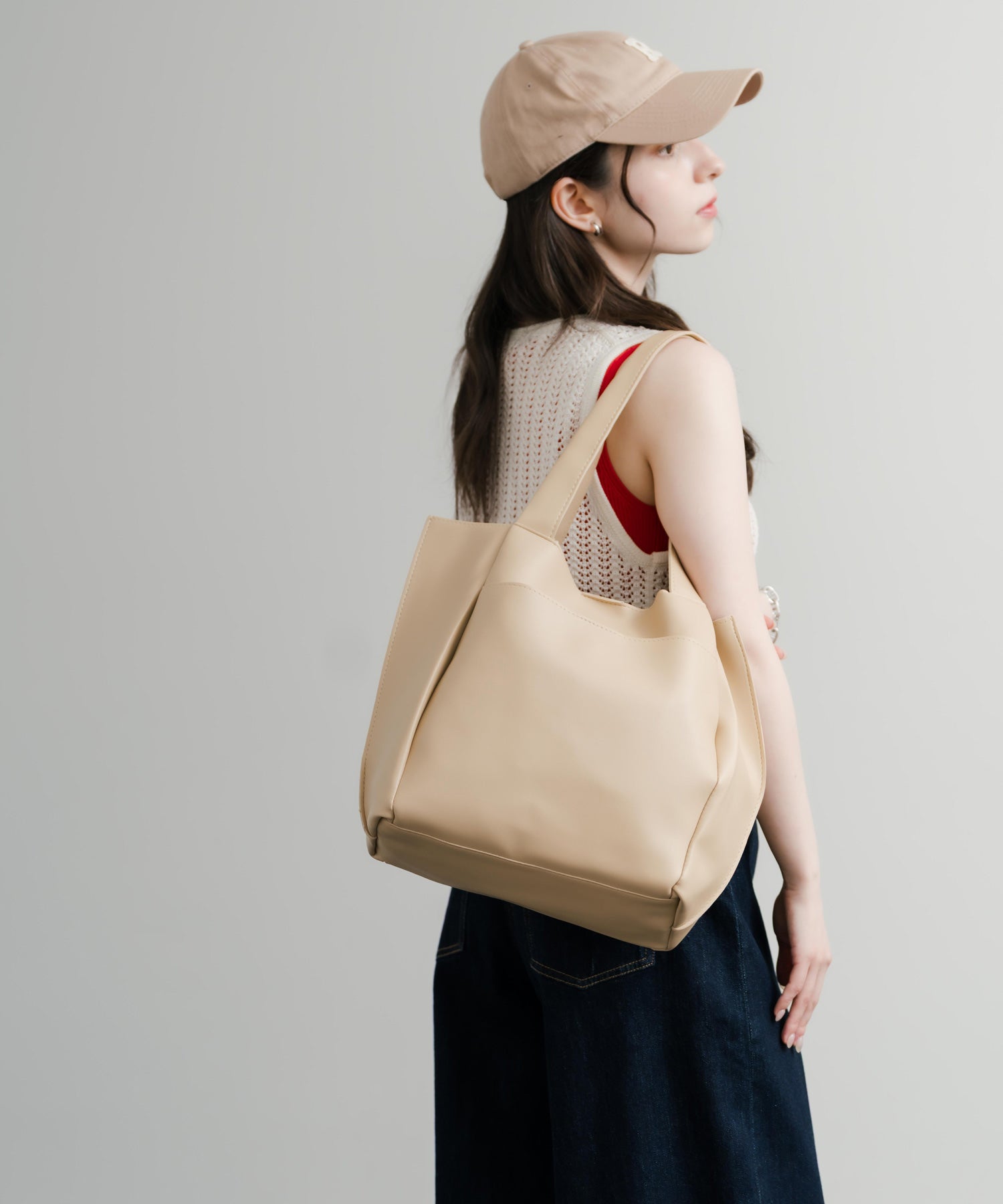 ロッキーモンロー Rocky Monroe トートバッグ 肩掛け ポーチ メンズ レディース フェイクレザー PU 合成皮革 ショルダー 手提げ サブ 鞄 A4収納 モード シンプル 14772 （ベージュ） ベージュ