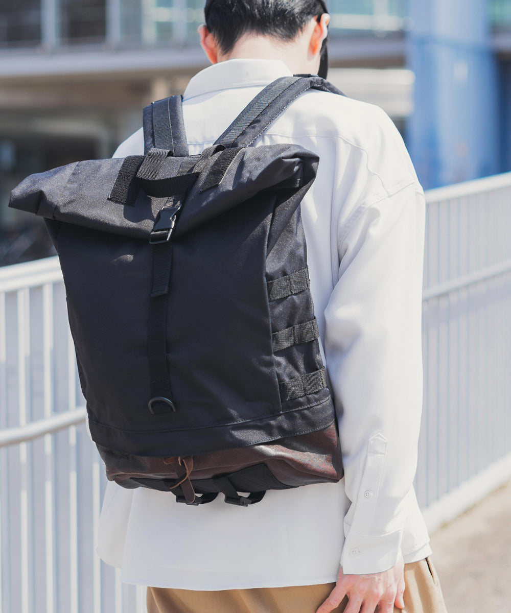 ロッキーモンロー Rocky Monroe リュック バックパック メンズ バッグ 鞄 大容量 本革 牛革 レザー コーデュラ610P ロールトップ カジュアル アウトドア 旅行 通勤 通学 日本製 国産 （ブラック） ブラック