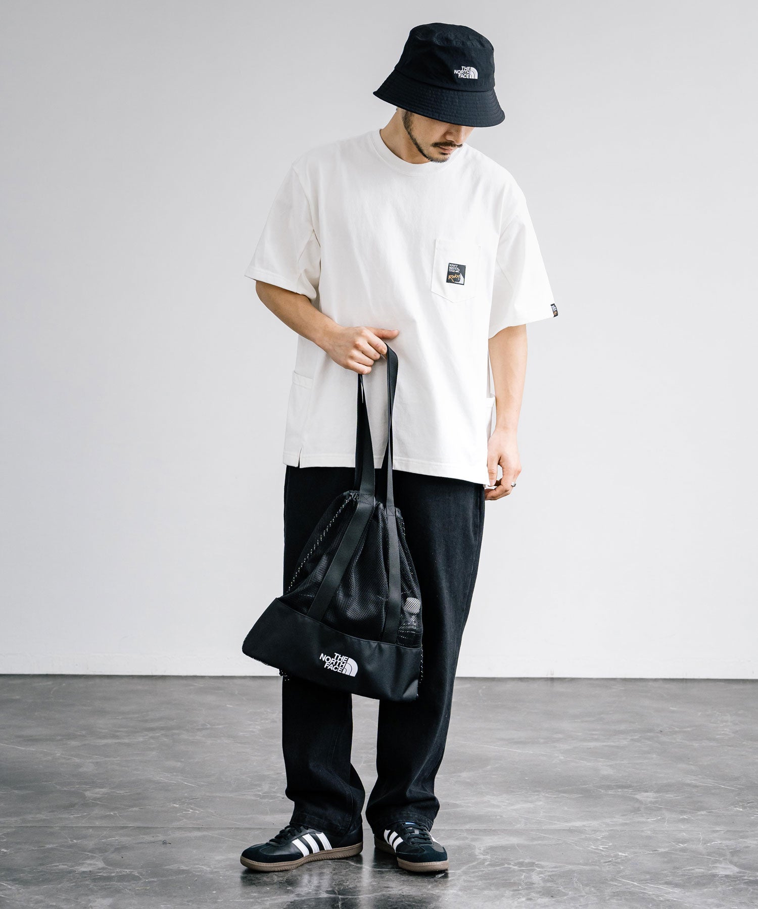 ロッキーモンロー Rocky Monroe THE NORTH FACE ザ・ノースフェイス WHITE LABEL ホワイトレーベル 韓国 限定 メッシュバッグ エコバッグ メンズ レディース ショルダ （ブラック） ブラック