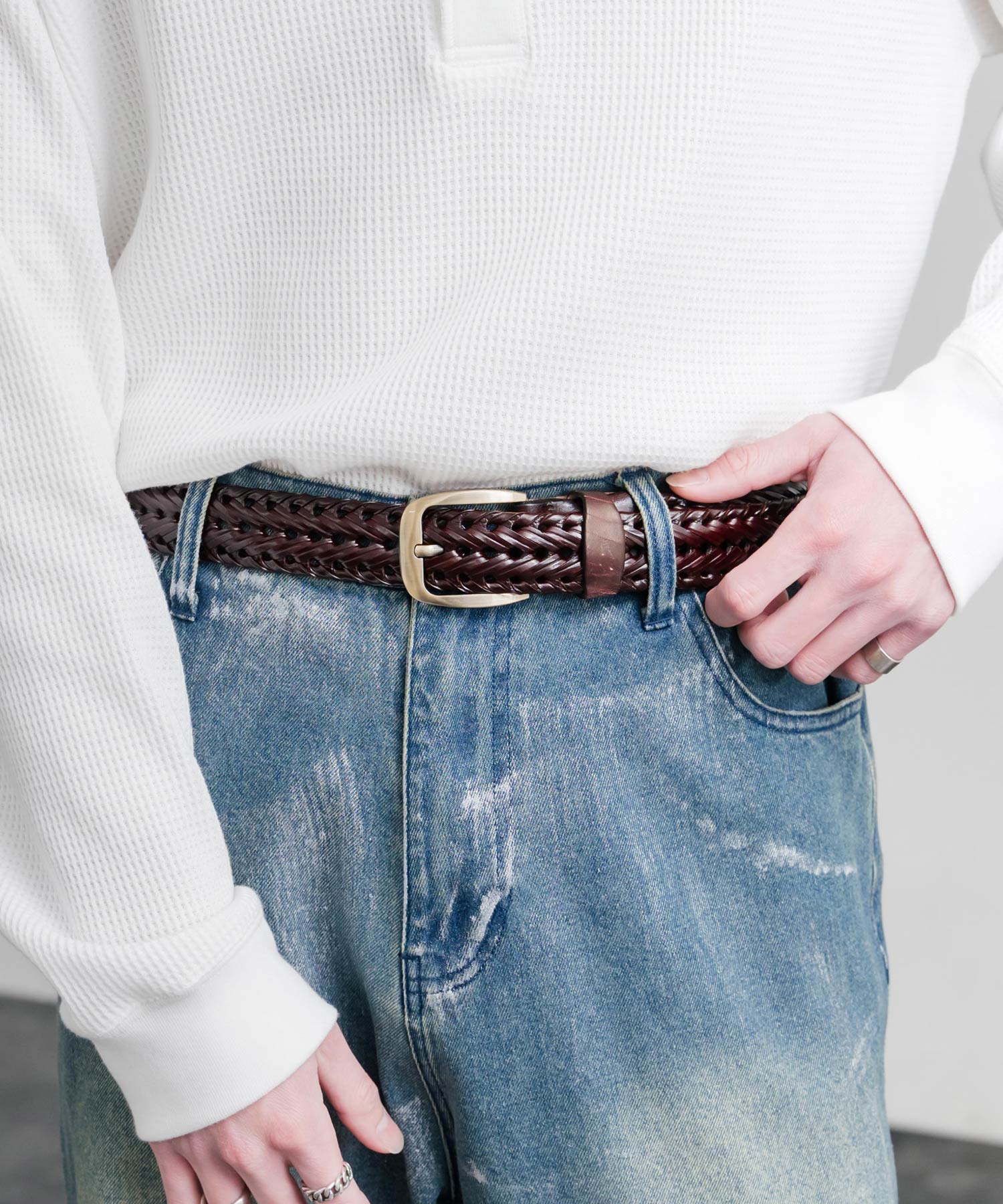 ロッキーモンロー Rocky Monroe レザーベルト メッシュ 本革 メンズ レディース ラウンドバックル スクエア カジュアル アメカジ シンプル 韓国 モード レトロ おしゃれ ギフト 15729 （ブラック） ブラック