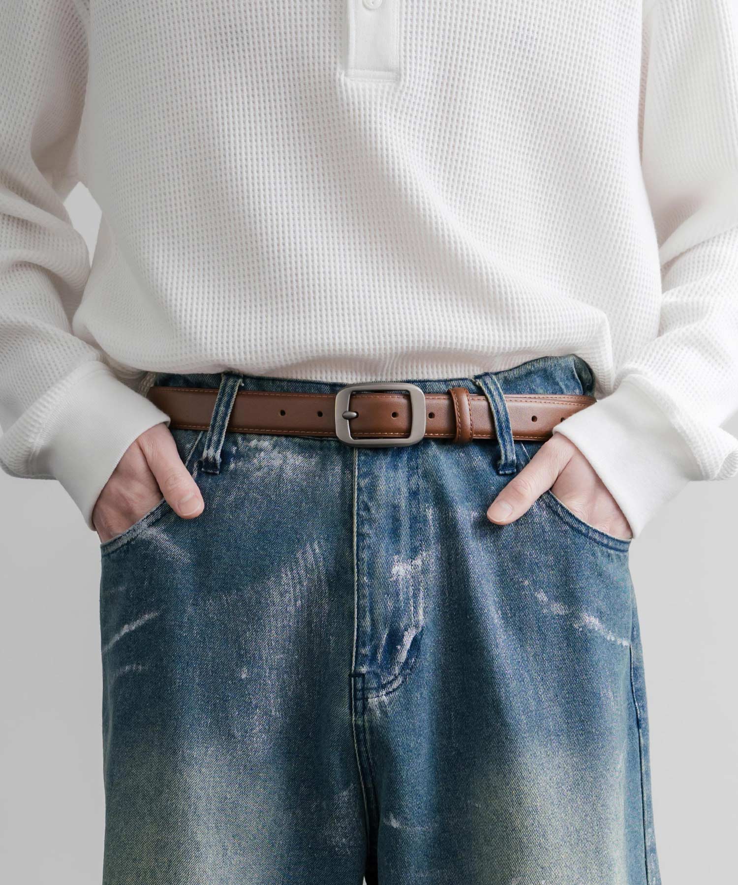 ロッキーモンロー Rocky Monroe レザーベルト スクエアバックル 本革 メンズ レディース マット カジュアル アメカジ シンプル ビジネス 韓国 モード おしゃれ ギフト 15730 （ベージュ） ベージュ