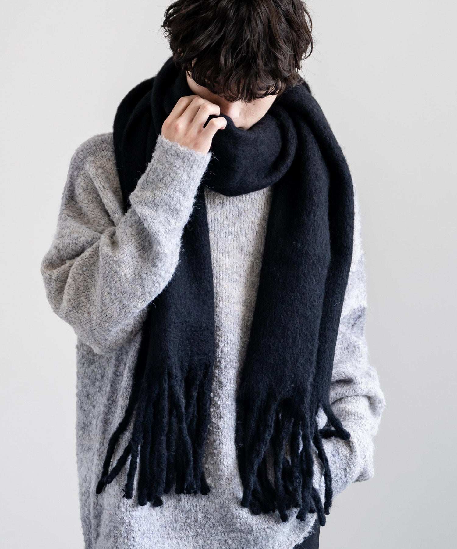 ロッキーモンロー Rocky Monroe フリンジマフラー ボリュームストール 大判ストール メンズ レディース チェック柄 無地 ボーダー ロング モヘアライク ボリューム 暖かい もふもふ ひざ掛け,ブラック