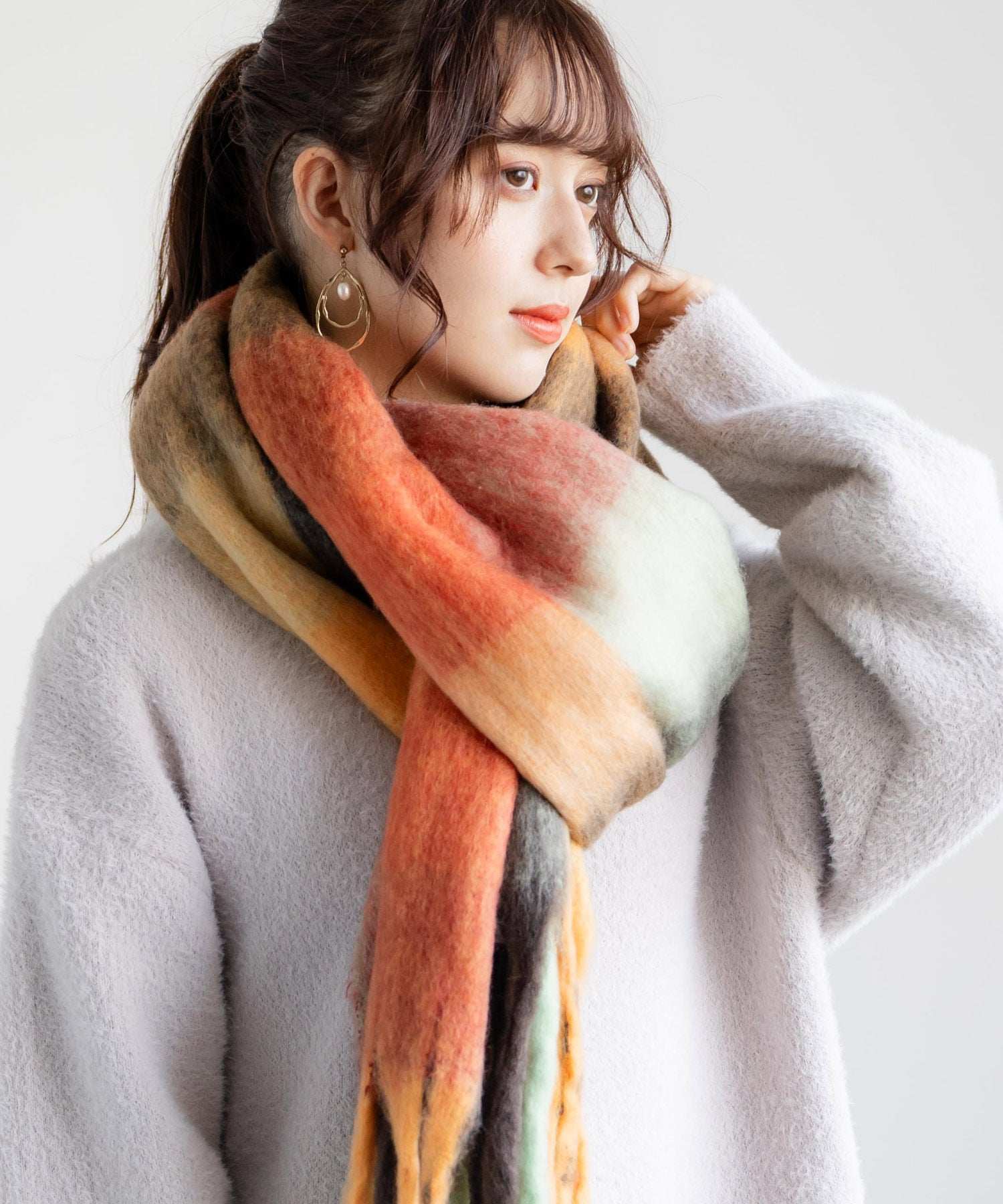 ロッキーモンロー Rocky Monroe フリンジマフラー ボリュームストール 大判ストール メンズ レディース チェック柄 無地 ボーダー ロング モヘアライク ボリューム 暖かい もふもふ ひざ掛け,D