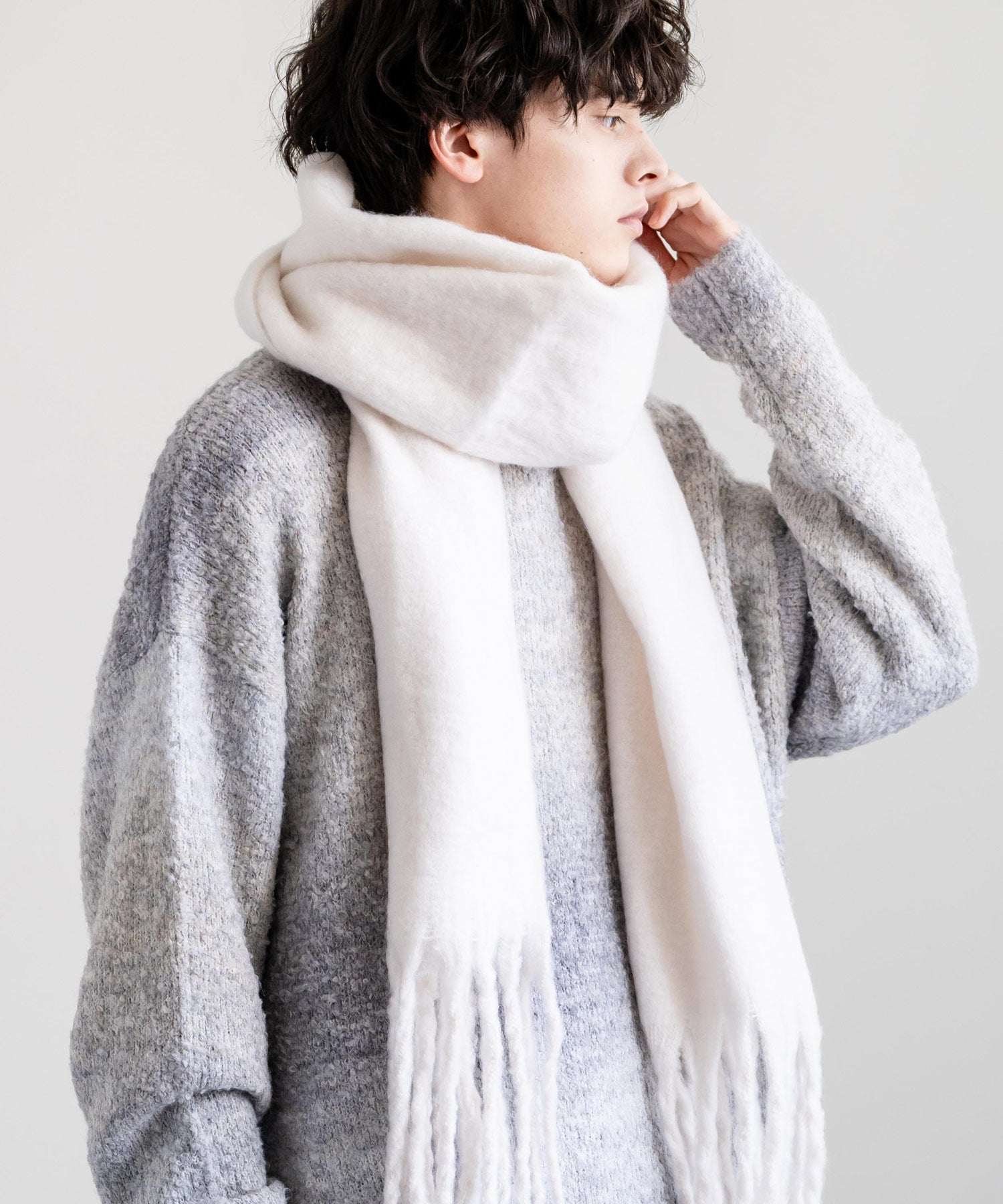 ロッキーモンロー Rocky Monroe フリンジマフラー ボリュームストール 大判ストール メンズ レディース チェック柄 無地 ボーダー ロング モヘアライク ボリューム 暖かい もふもふ ひざ掛け,オフ
