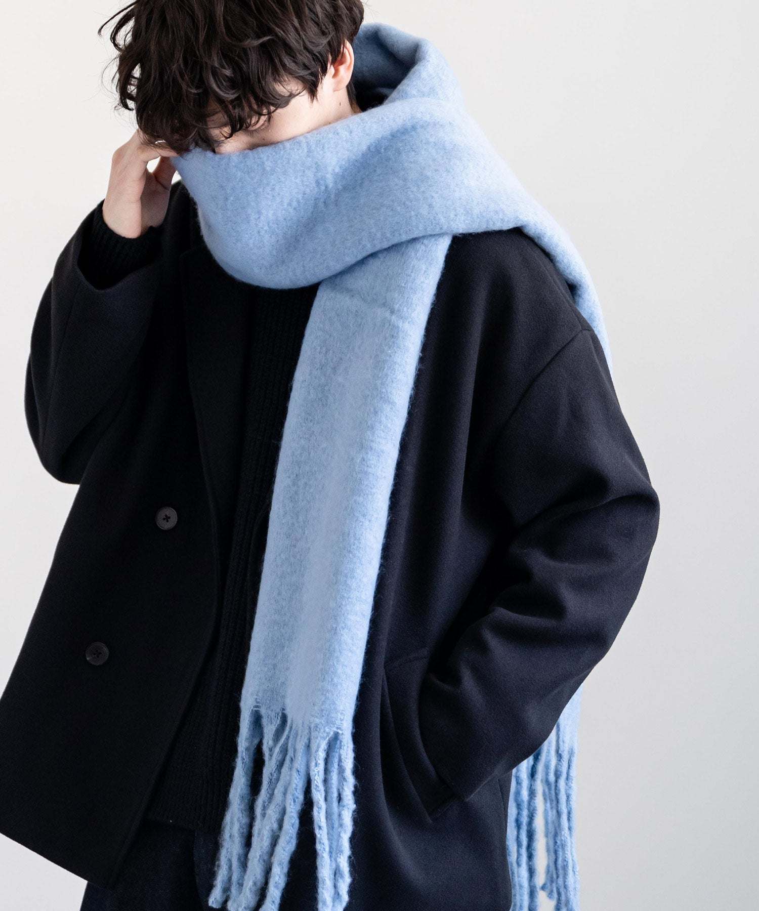 ロッキーモンロー Rocky Monroe フリンジマフラー ボリュームストール 大判ストール メンズ レディース チェック柄 無地 ボーダー ロング モヘアライク ボリューム 暖かい もふもふ ひざ掛け,ブルー