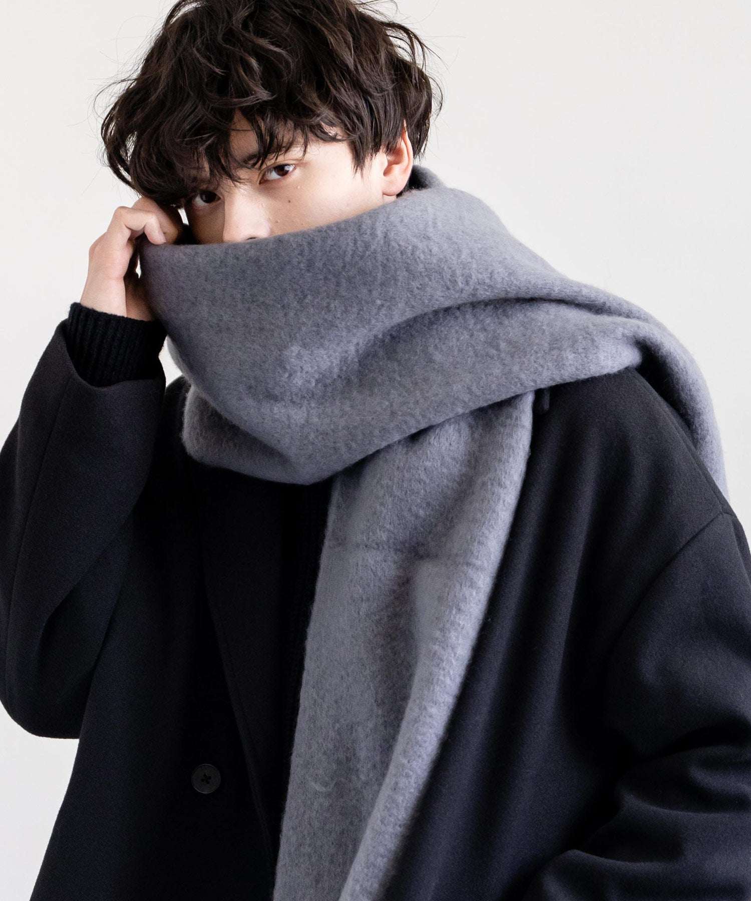 ロッキーモンロー Rocky Monroe フリンジマフラー ボリュームストール 大判ストール メンズ レディース チェック柄 無地 ボーダー ロング モヘアライク ボリューム 暖かい もふもふ ひざ掛け,グレー