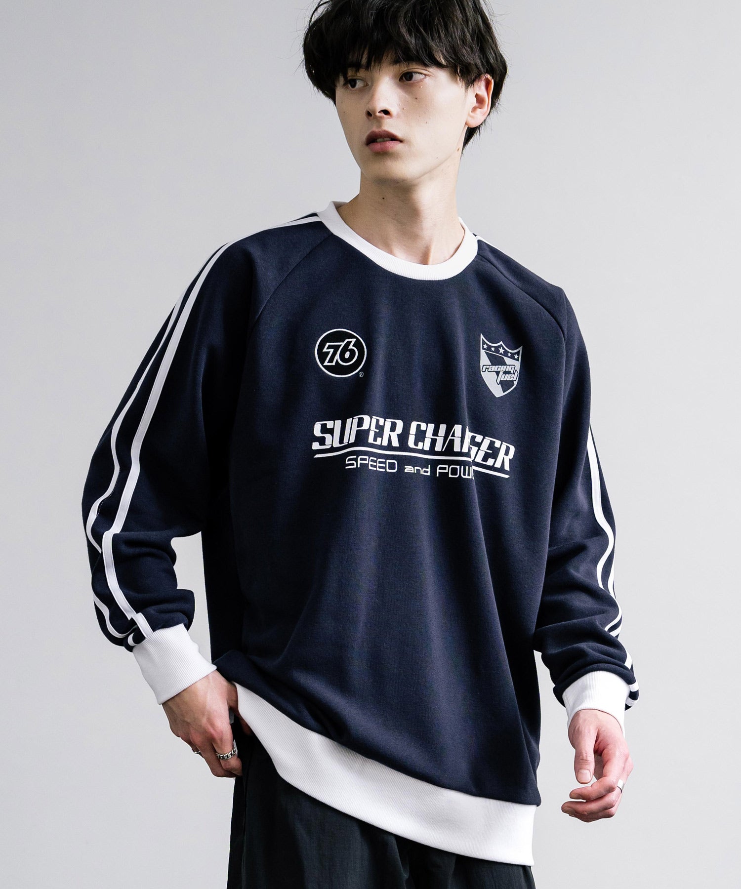 ロッキーモンロー Rocky Monroe トレーナー スウェット ラグラン メンズ レディース 長袖 裏起毛 クルーネック プリント 袖ライン 刺繍 ワンポイント 76lubricants 14153