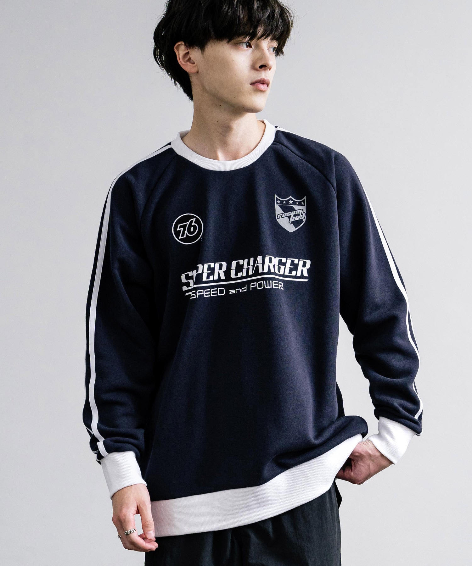 ロッキーモンロー Rocky Monroe トレーナー スウェット ラグラン メンズ レディース 長袖 裏起毛 クルーネック プリント 袖ライン 刺繍 ワンポイント 76lubricants 14153