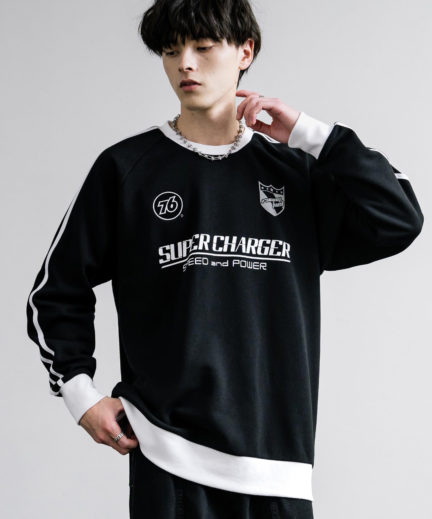 ロッキーモンロー Rocky Monroe トレーナー スウェット ラグラン メンズ レディース 長袖 裏起毛 クルーネック プリント 袖ライン 刺繍 ワンポイント 76lubricants 14153